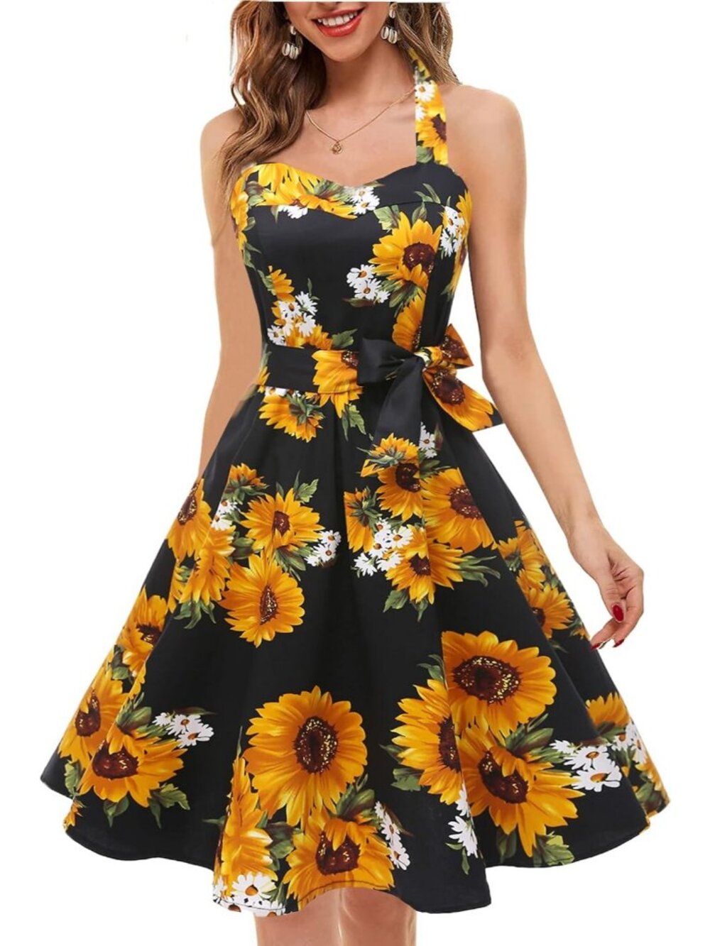 Women's Vintage Polka Audrey 1950s Halter Cocktail Dress- Black/Sunflower - Picture 6 of 6